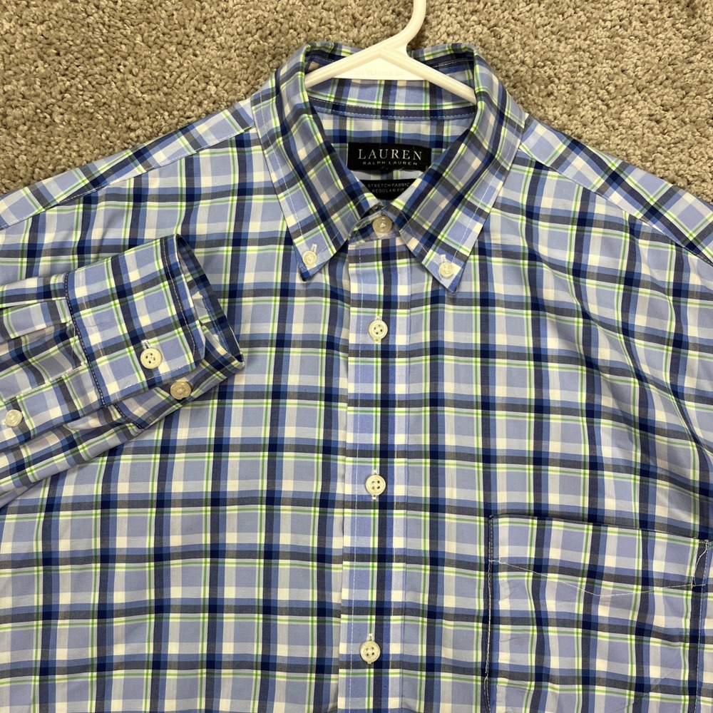 Lauren Ralph Lauren Shirt Mens 16 34/35 Blue Plaid Button Down‎ Stretch Fabric